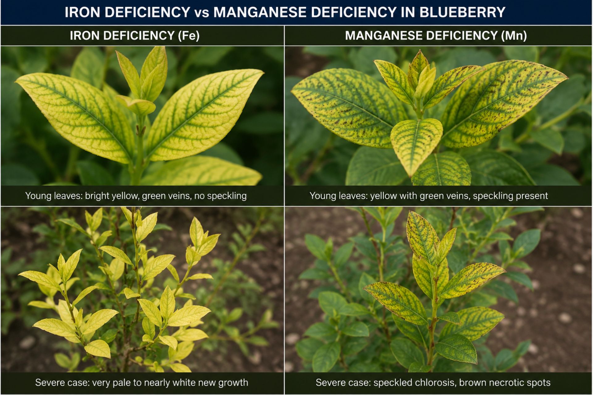Advanced Iron Deficiency: Severe lime-induced chlorosis and bleaching in commercial blueberry cultivation Severe iron chlorosis in a blueberry orchard field row showing bleached yellow terminal leaves and stunted canopy growth