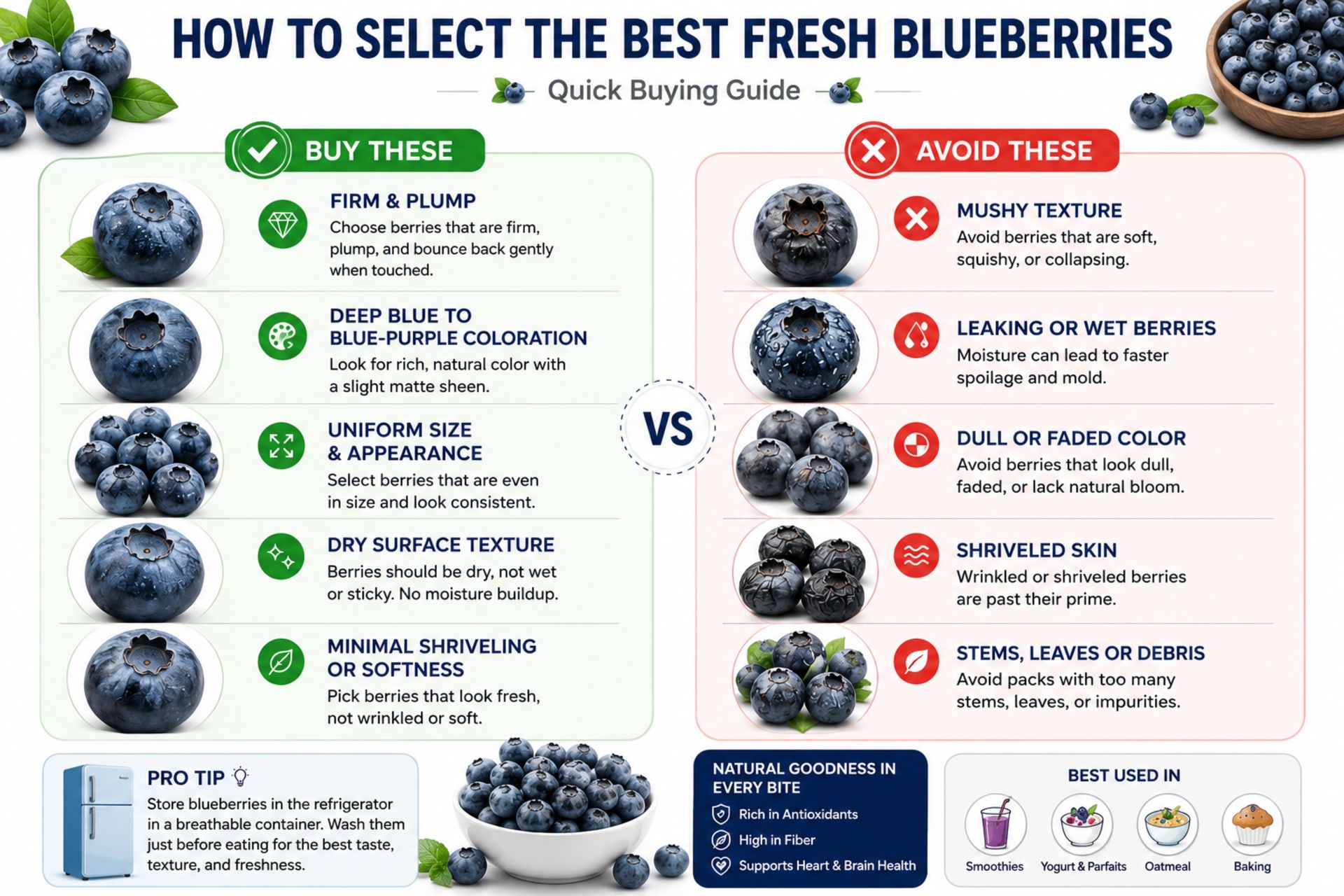How to Select the Best Fresh Blueberries – Side-by-Side Buying Guide Showing Fresh vs Bad Blueberries